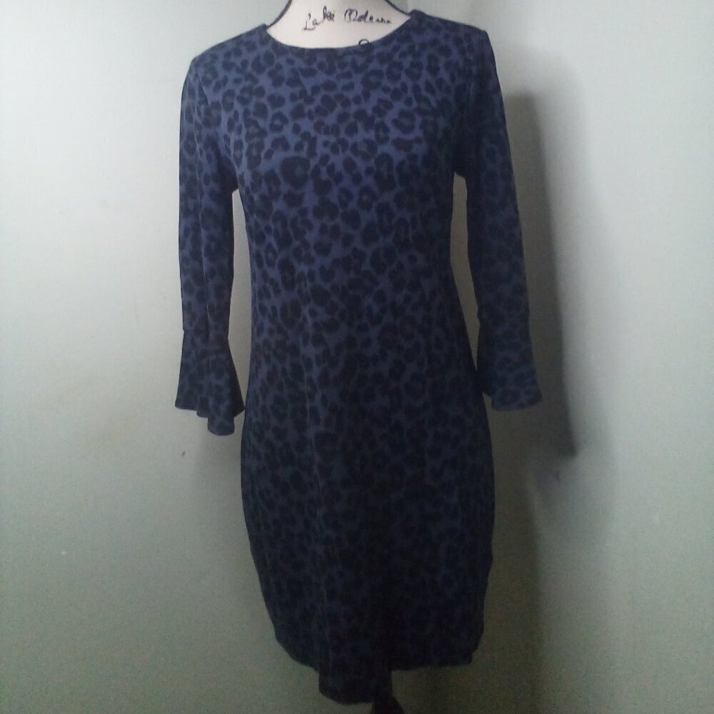 Old Navy Dress Women S 3/4 Bell Sleeve Animal Print Back Zip Black Gray